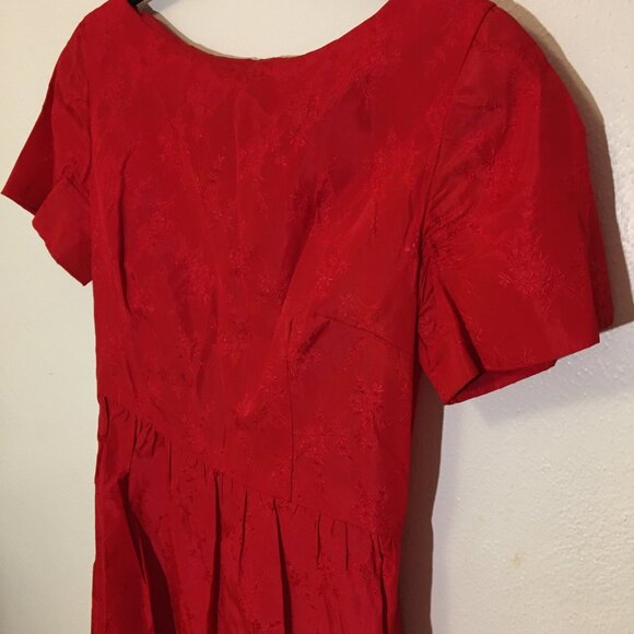 Vintage 50s Red Brocade Cocktail Party Dress Christmas Holidays MCM (IB) - Picture 8 of 16